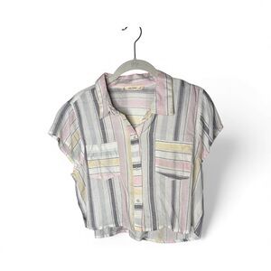 Salty Lemons Pink White Striped Button Front Cropped Top Large Rayon